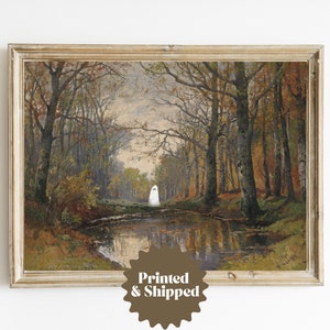 Ghost in Enchanted Autumn Forest Vintage Landscape Painting | Spooky Farmhouse Decor | PRINTED AND SHIPPED | No. A195