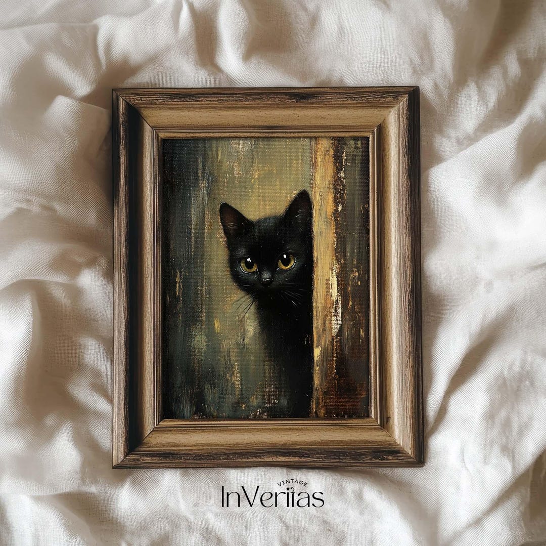 Cute Black Cat Print Halloween Wall Art | Vintage Cottage Farmhouse ...