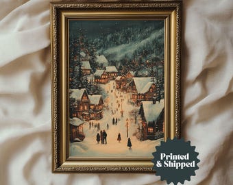 Cozy Christmas Village Winter Night Painting | Cottage Holiday Decor | PRINTED AND SHIPPED | No. A358