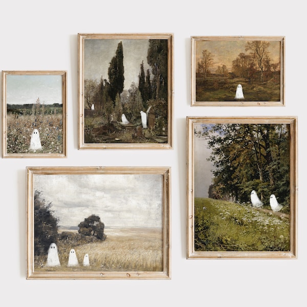 Mailed Ghost Prints Ghosts in Vintage Landscapes Set of 5 | Farmhouse Halloween Gallery Wall Set | PRINTED AND SHIPPED | No. A196