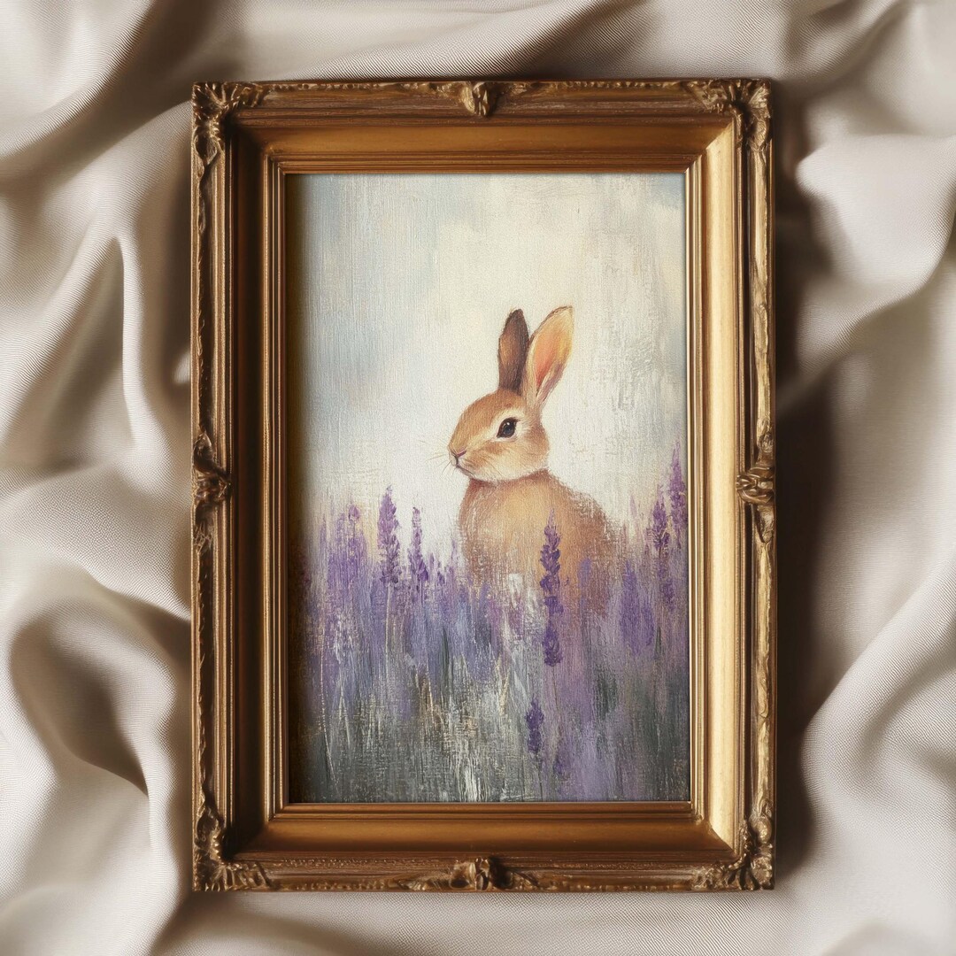 Rabbit in Lavender Field Print Vintage Style Sprint Wall Art | Cottage ...