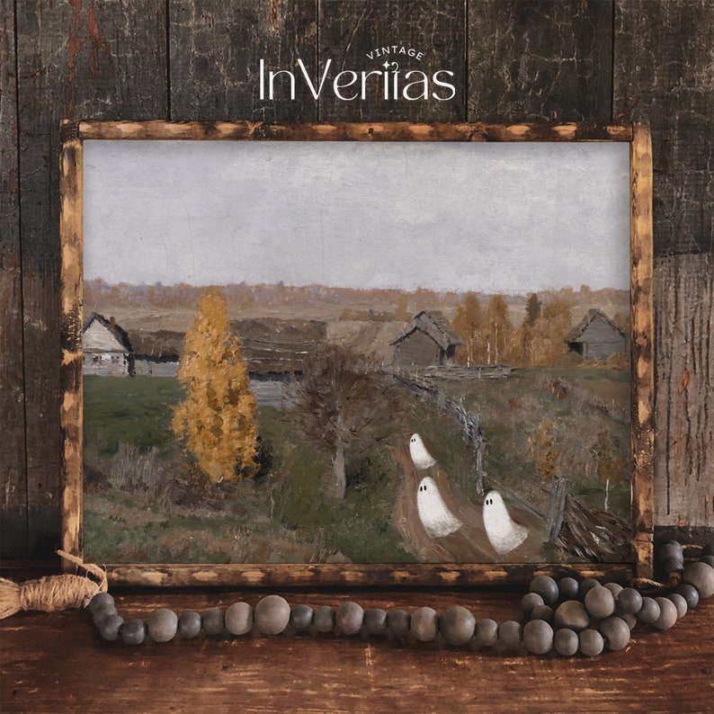 May include: A vintage framed painting of a rural landscape with three white ghosts walking on a path. The painting is set against a backdrop of a wooden wall.