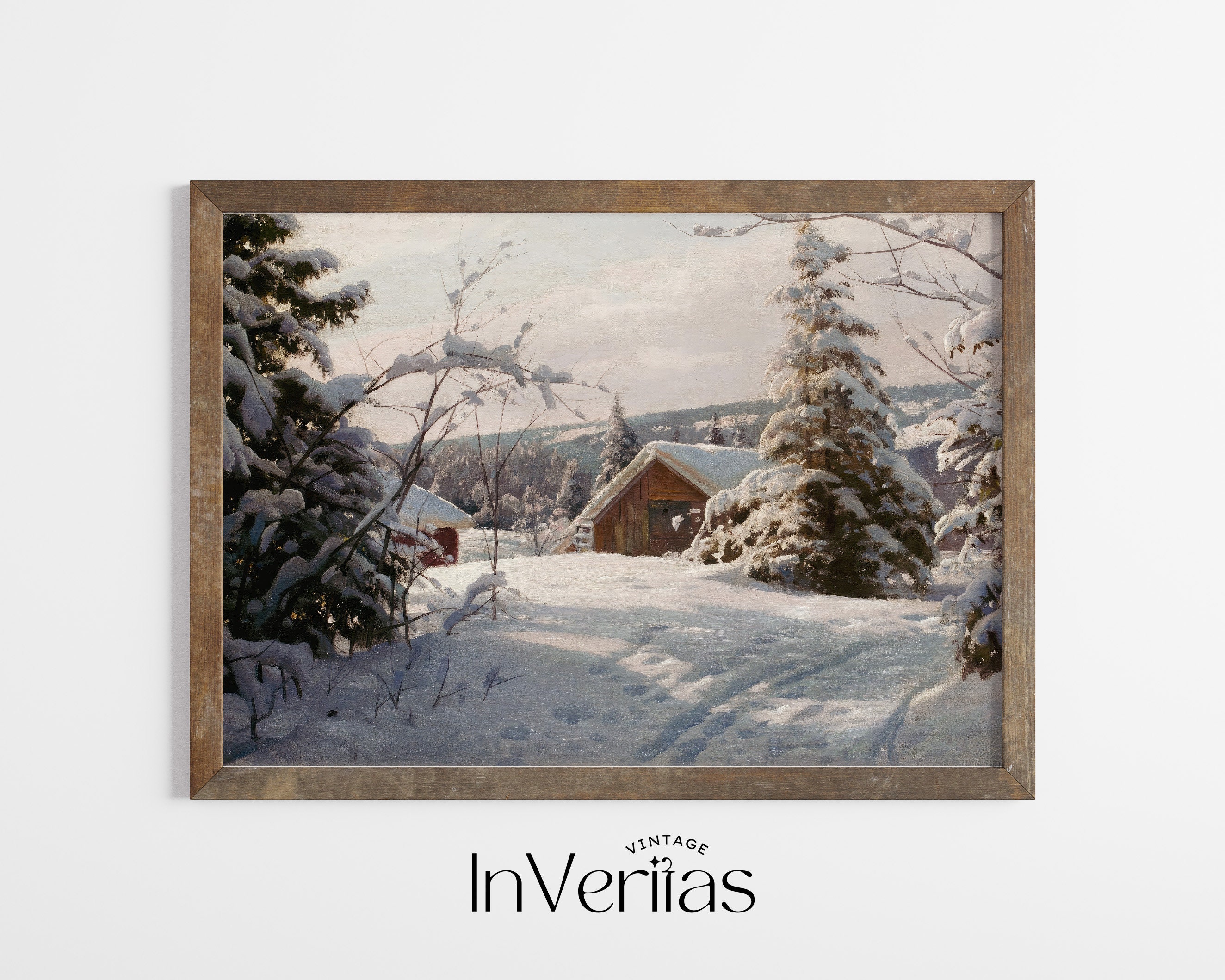 Log Cabins in the Snow Vintage Painting | Rustic Winter Cottage Decor ...