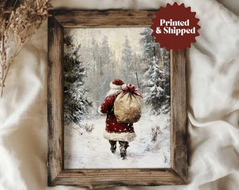 May include: A vintage-style painting of Father Christmas walking through a snowy forest, carrying a large sack of presents. The painting is framed in a rustic wooden frame.