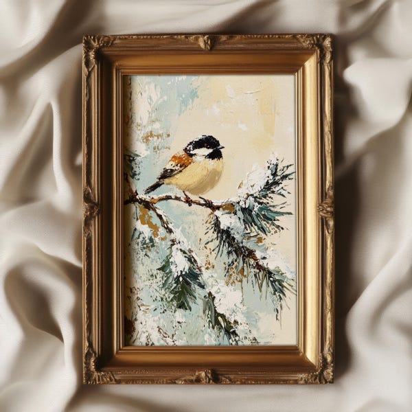 Kleiner Vogel auf Kiefernbaum Druck Mutige Vintage Wandkunst | Neutral Cottage Winter Dekor | DRUCKBAR | Nr. 773