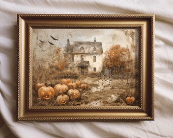 May include: A framed painting of a house with a porch and a yard full of jack-o'-lanterns. The house is white with a brown roof and the yard is surrounded by trees. The painting is in a gold frame.