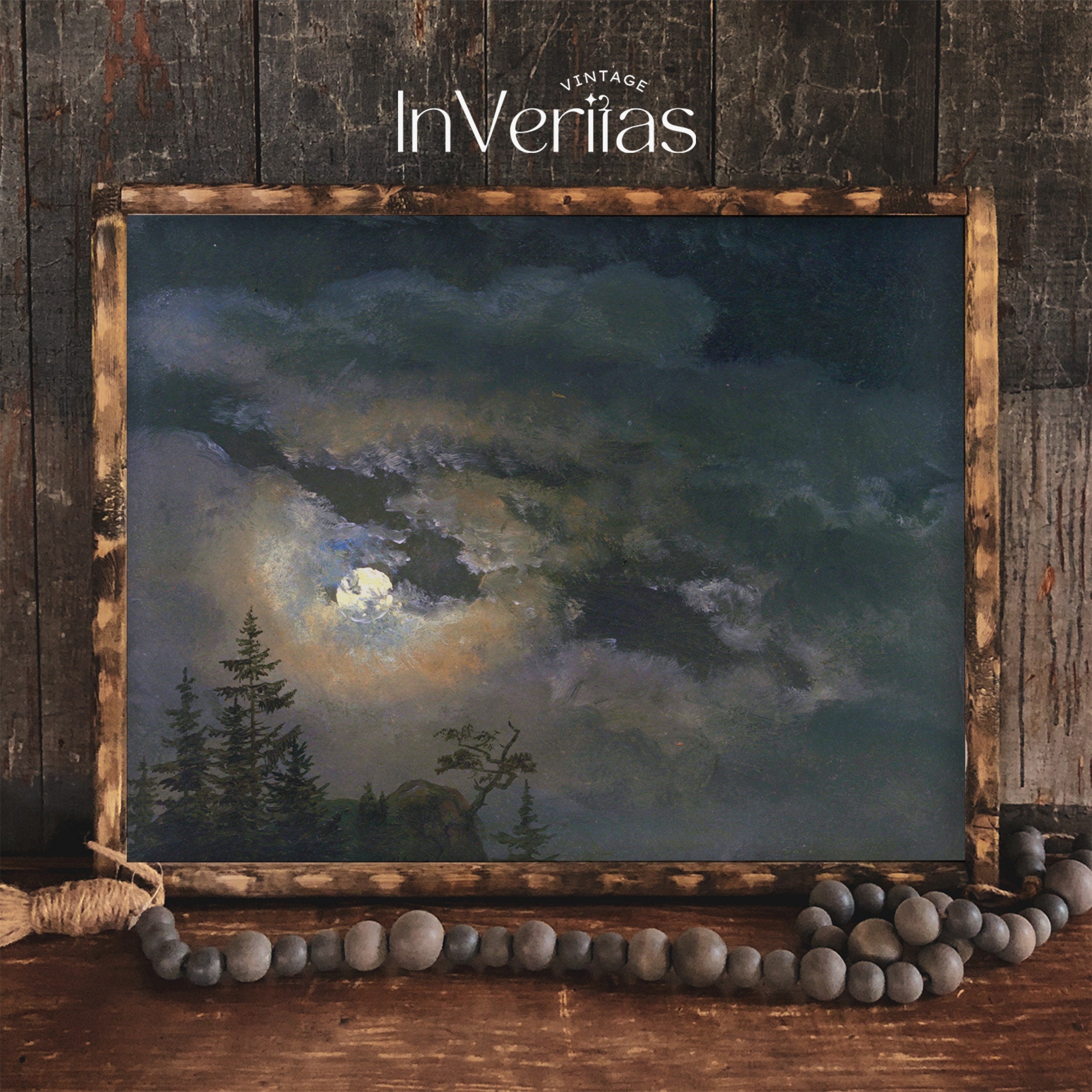 Full Moon Night Sky Vintage Painting | Moody Dark Cottagecore Decor ...