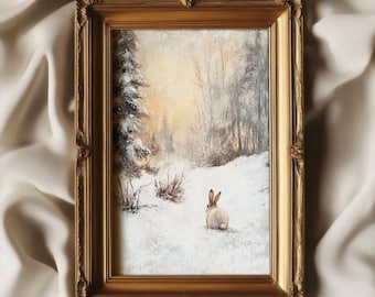 May include: A framed painting of a snowy forest scene with a white rabbit in the foreground. The rabbit is facing away from the viewer and is walking through the snow. The forest is painted in shades of brown, green, and white, and the sky is a soft blue.