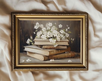Books and Flowers Vintage Style Painting | Cottage Light Academia Decor | PRINTABLE | No. 631