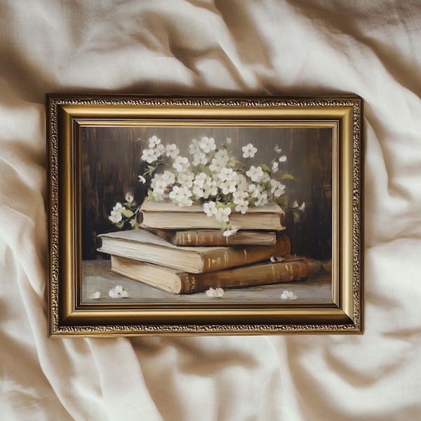 Libri e fiori, dipinto in stile vintage / Cottage Light Academia Decor / STAMPABILE / N. 631