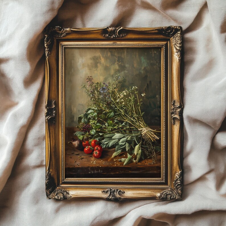 Kitchen Herbs Vintage Style Still Life Painting | Moody Farmhouse Kitchen Decor | PRINTABLE | No. 717 image 5