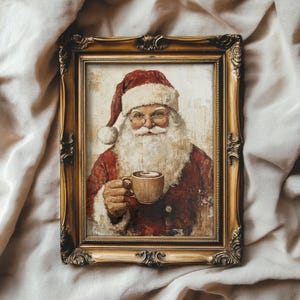 May include: A framed painting of Santa Claus wearing a red hat and a white beard, holding a mug of hot chocolate. The frame is gold with ornate details.