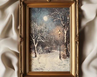 May include: A framed painting of a snowy winter scene with a street lamp and trees. The painting is in a gold frame and has a white background.