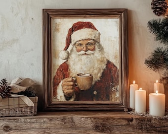Könnte beinhalten: Ein gerahmtes Gemälde von Weihnachtsmann, der einen roten Anzug und einen weißen Bart trägt und eine Tasse heiße Schokolade hält. Das Gemälde hat einen rustikalen, Vintage-Stil.