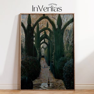 May include: A framed vintage photograph of a pathway lined with tall, green trees. The trees are trimmed into arches, creating a tunnel-like effect. The path leads to a fountain at the end of the pathway.
