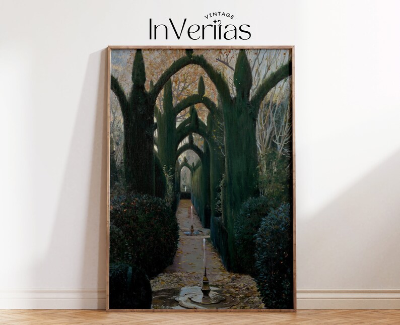 May include: A framed vintage photograph of a pathway lined with tall, green trees. The trees are trimmed into arches, creating a tunnel-like effect. The path leads to a fountain at the end of the pathway.