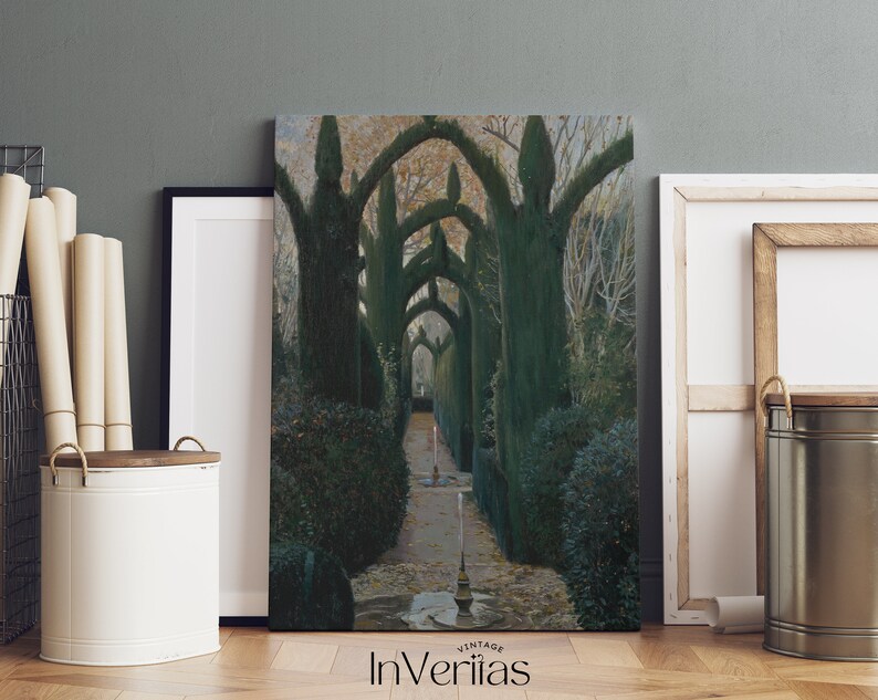 May include: A vintage photograph of a pathway lined with tall, green trees, creating a tunnel-like effect. The trees are trimmed into arches, and the path leads to a light-filled opening at the end.