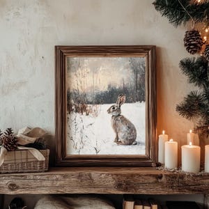 Puede incluir: Una pintura enmarcada de un conejo sentado en una escena de bosque nevado. El conejo es marrón y blanco y tiene orejas largas. El bosque está pintado en tonos de marrón, verde y blanco. La pintura está enmarcada en un marco de madera oscura.