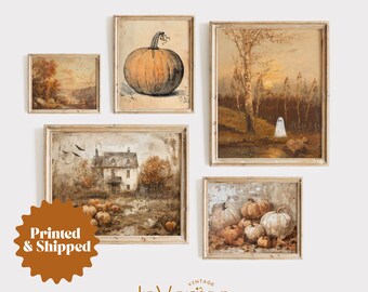 May include: Five framed autumn-themed prints with a rustic aesthetic. The prints feature a pumpkin, a house, a forest scene, a ghost, and a still life of pumpkins.