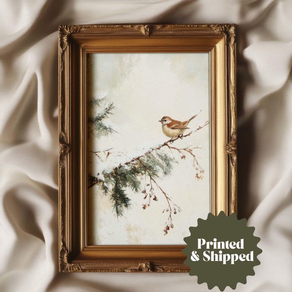 Petit oiseau imprimé hiver Art mural vintage en sourdine | Décoration d'hiver neutre pour chalet | IMPRIMÉ ET EXPÉDIÉ | A413