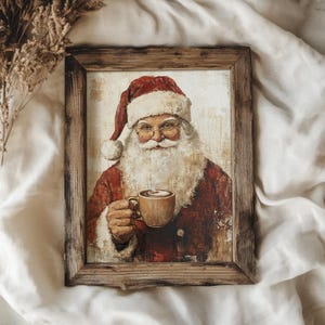 May include: A framed painting of Father Christmas wearing a red suit and a white beard, holding a steaming cup of coffee. The frame is made of rustic wood.