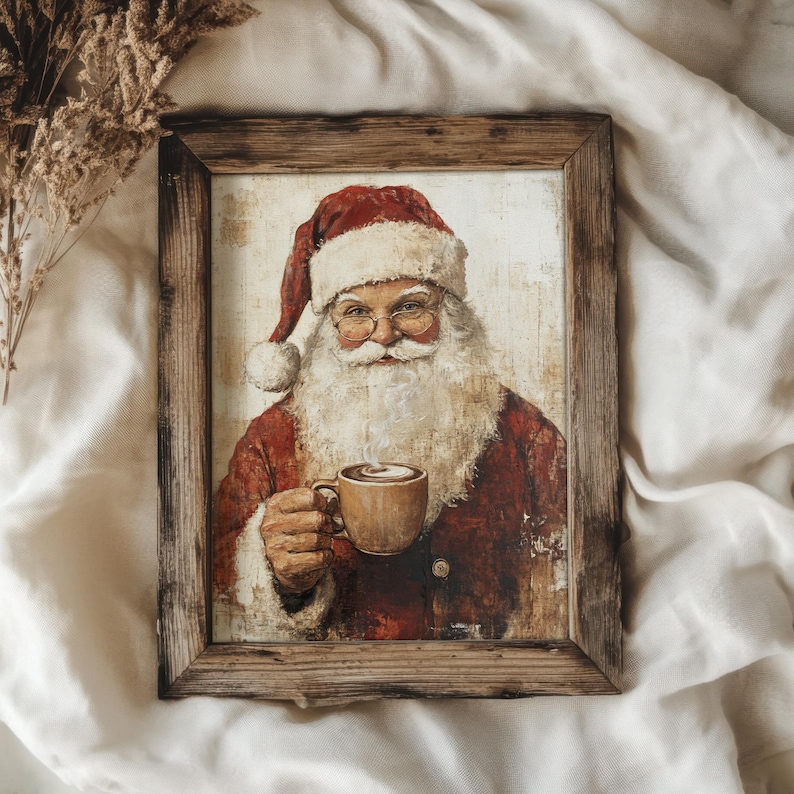 May include: A framed painting of Father Christmas wearing a red suit and a white beard, holding a steaming cup of coffee. The frame is made of rustic wood.