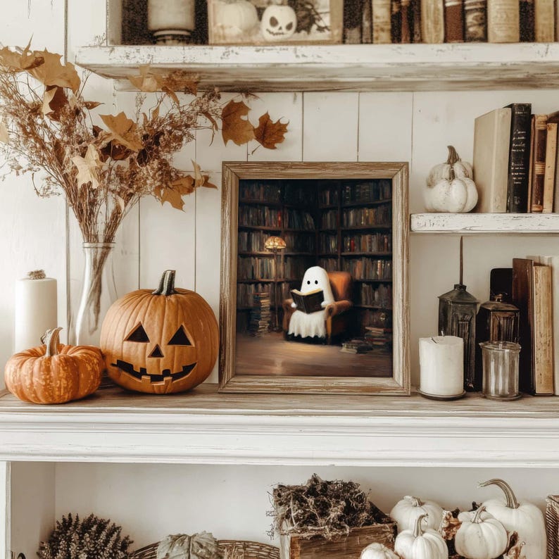 Pode incluir: Uma exibi&ccedil;&atilde;o tem&aacute;tica de Halloween com uma ab&oacute;bora esculpida, caba&ccedil;as e uma imagem emoldurada de um fantasma lendo em uma biblioteca. A cena &eacute; montada em uma prateleira branca com livros e elementos decorativos.