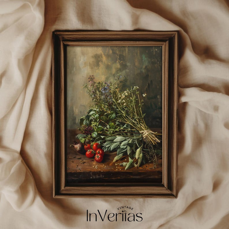 Kitchen Herbs Vintage Style Still Life Painting | Moody Farmhouse Kitchen Decor | PRINTABLE | No. 717 image 1