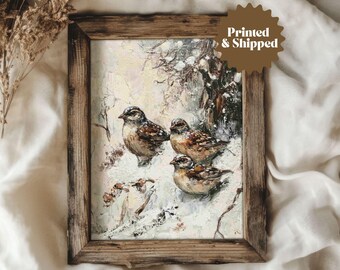 Sparrows in the Snow Wall Art Print Vintage Winter Painting | Neutral Cottage Winter Decor | PRINTED AND SHIPPED | No. A401