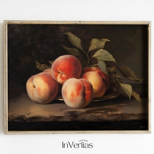 May include: A still life painting of a bowl of peaches with leaves. The peaches are a vibrant red and orange, and the leaves are a deep green. The painting is set against a dark background.