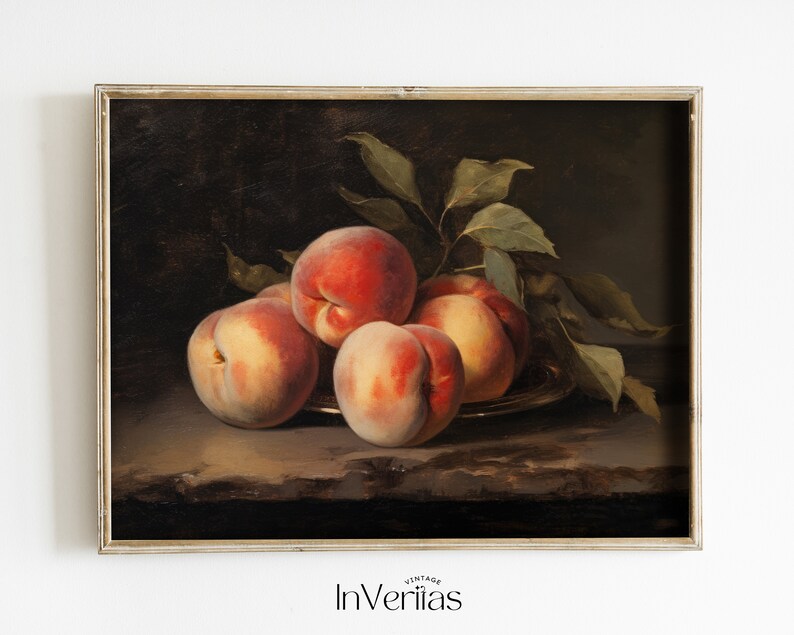 May include: A still life painting of a bowl of peaches with leaves. The peaches are a vibrant red and orange, and the leaves are a deep green. The painting is set against a dark background.