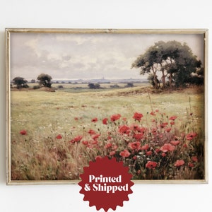 Poppy Meadow Vintage Style Landscape Painting | Cottage & Country Decor | PRINTED AND SHIPPED | No. A253