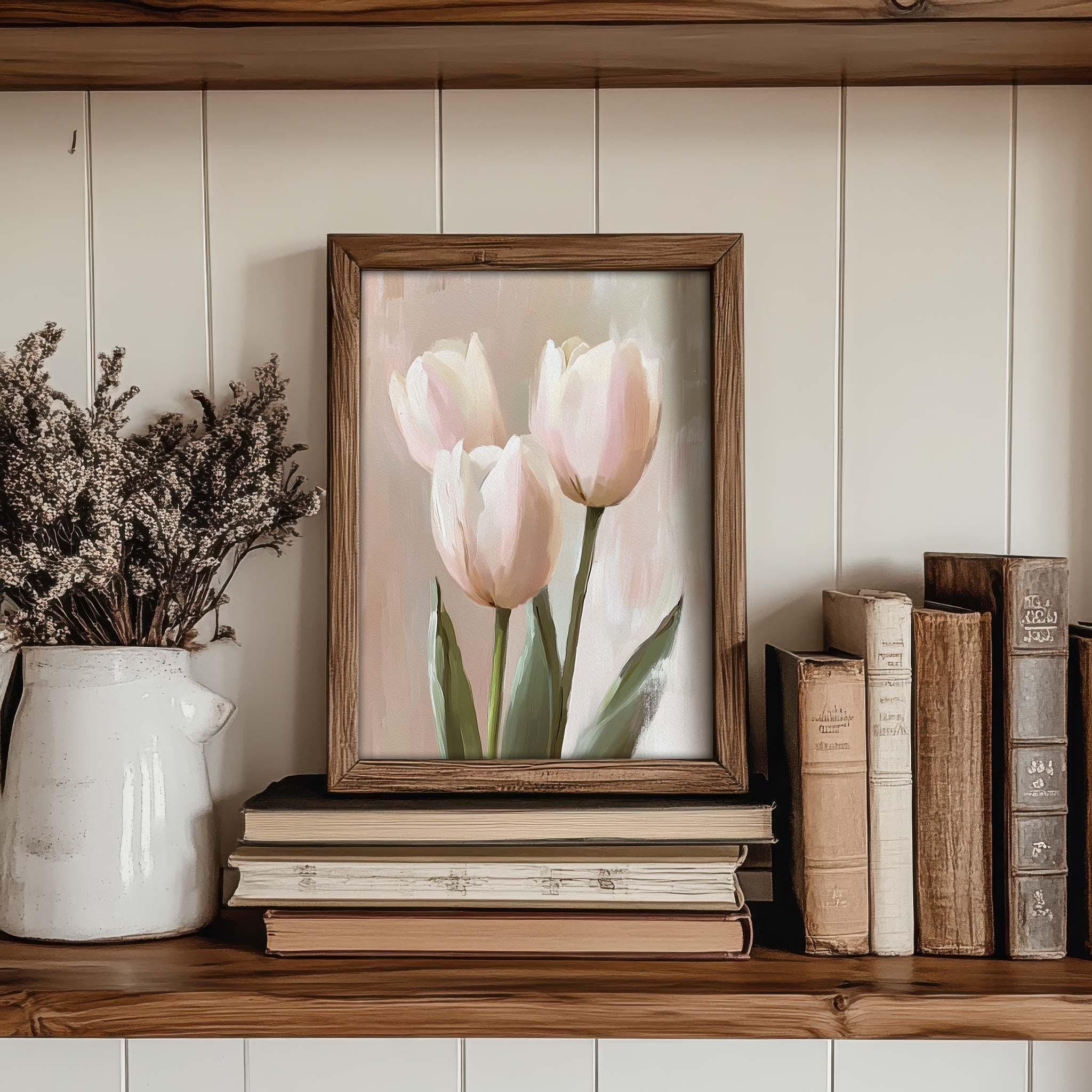 White Tulips Print Vintage Style Wall Art | Soft Color Cottage Spring ...
