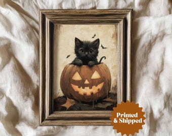 Cute Black Cat Halloween Print Jack-O-Lantern Pumpkin | Vintage Cottage Farmhouse Halloween Decor | PRINTED AND SHIPPED | No. A505