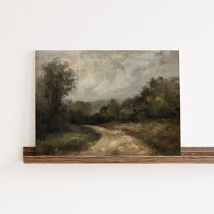 May include: A vintage oil painting depicting a winding dirt road through a lush green forest. The sky is overcast with gray clouds, creating a moody atmosphere.
