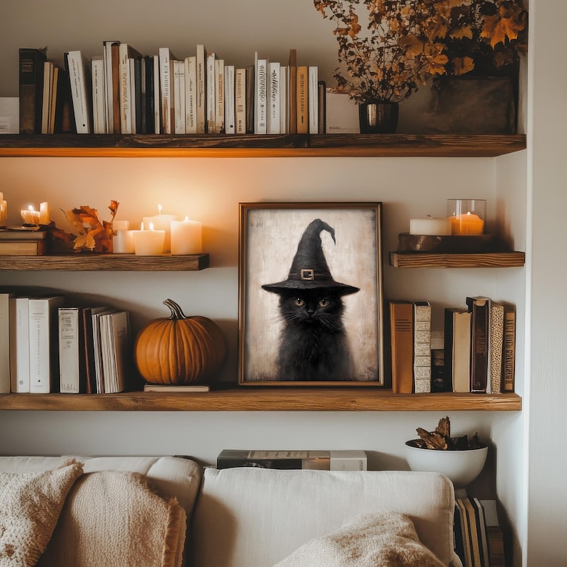 Black Cat and Witch Hat Rustic Vintage Drawing Halloween Wall Art ...