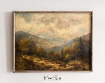 May include: A vintage oil painting depicting a landscape scene with rolling hills, trees, and a cloudy sky. The painting is framed in a simple wooden frame.