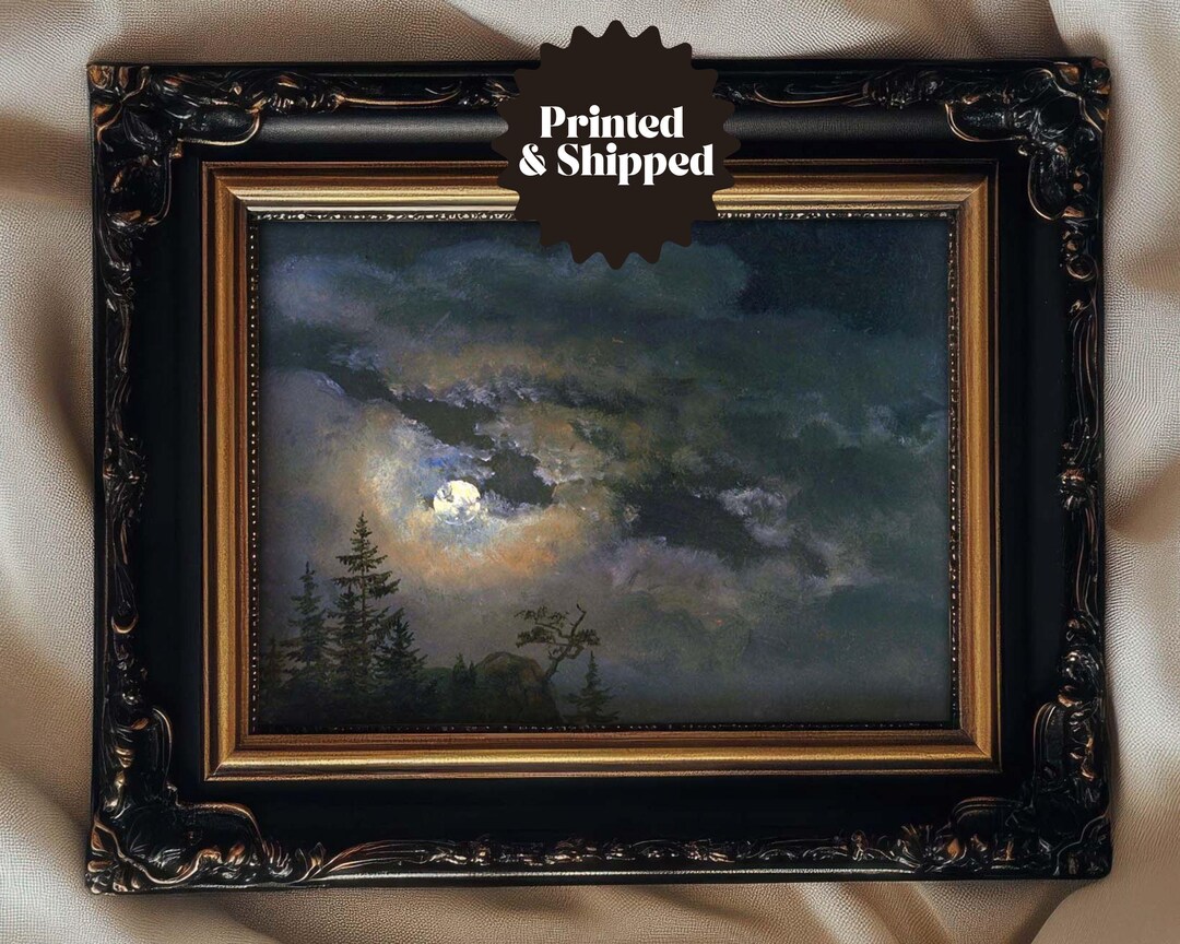 Full Moon Night Sky Vintage Painting | Moody Dark Cottagecore Decor ...