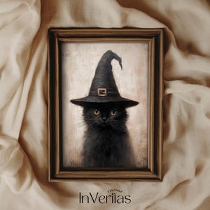 黒猫と魔女の帽子の素朴なヴィンテージの絵のハロウィーンの壁アート | 魔女のウィムシゴスダークコテージコア秋の装飾 | 印刷可能 | No. 678