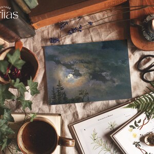 Full Moon Night Sky Vintage Painting | Moody Dark Cottagecore Decor ...