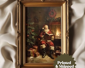 Santa Claus reading by the Christmas Tree Print | Vintage Cozy Christmas Wall Art | Cottage Holiday Decor | PRINTED AND SHIPPED | No. A359