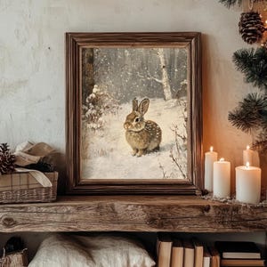 Impresión de arte de pared de conejo de invierno en tonos apagados, pintura de estilo vintage, decoración acogedora de cabaña invernal, IMPRIMIBLE, n.º 755