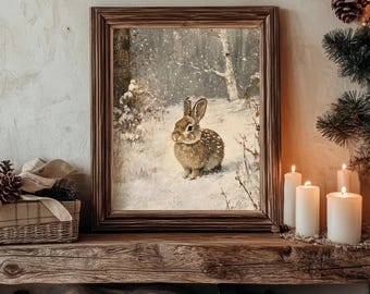Muted Winter Kaninchen Wand Kunst Druck Vintage Stil Gemälde | Gemütliches Cottage Winter Dekor | DRUCKBAR | Nr. 755