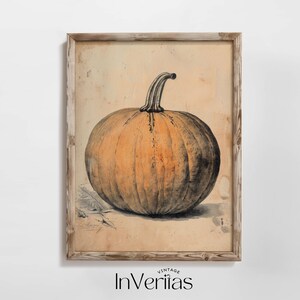 May include: A vintage illustration of a large, orange pumpkin with a dark brown stem. The pumpkin is depicted on a light brown background with a faded, textured look. The image has a rustic, vintage feel.