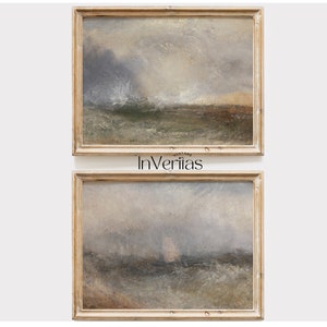 May include: Two framed paintings of seascapes. The top painting depicts a stormy sea with a sailboat in the distance. The bottom painting shows a calmer sea with a sailboat in the distance.