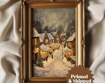 Winter Market Wall Art English Christmas Village Vintage Style Painting | Cottage Holiday Decor | PRINTED AND SHIPPED | No. A389