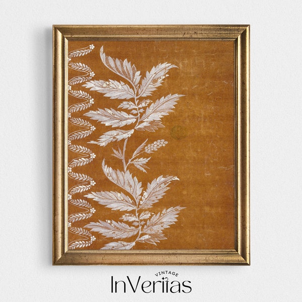 Antique Botanical Textile Print | Ochre Vintage Textile Wall Art | PRINTABLE | No. 117