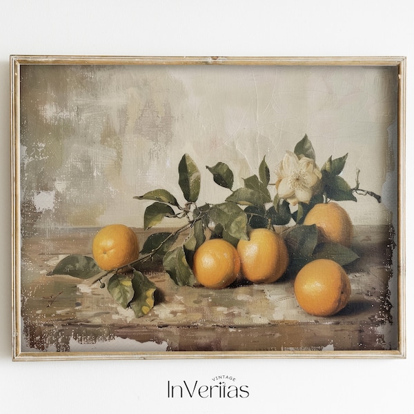 Vintage Oranges Painting Still Life | Moody Country Kitchen Decor | PRINTABLE | No. 633