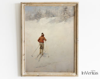 Junge auf Skiern Vintage Winter Gemälde | Gemütliches Vintage Cottage Dekor | DRUCKBAR | Nr. 588