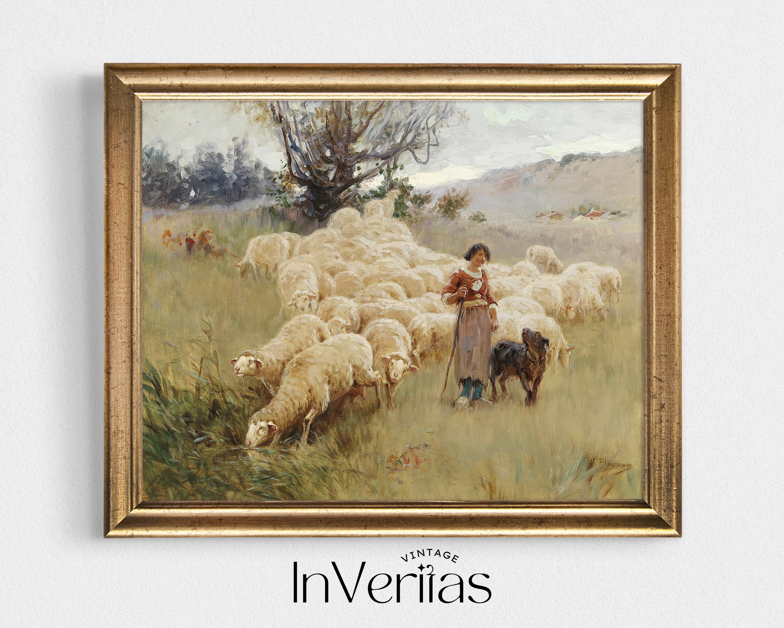 Woman With Flock of Sheep Vintage Painting Farmhouse Spring